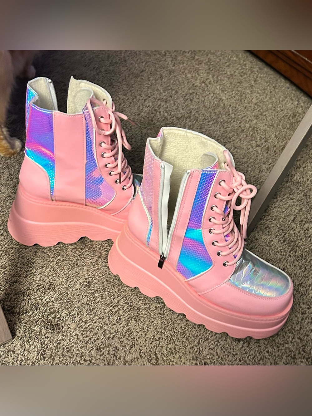 Pink Platform Lace-Up Boots with Iridescent Panels - Picture 3 of 4